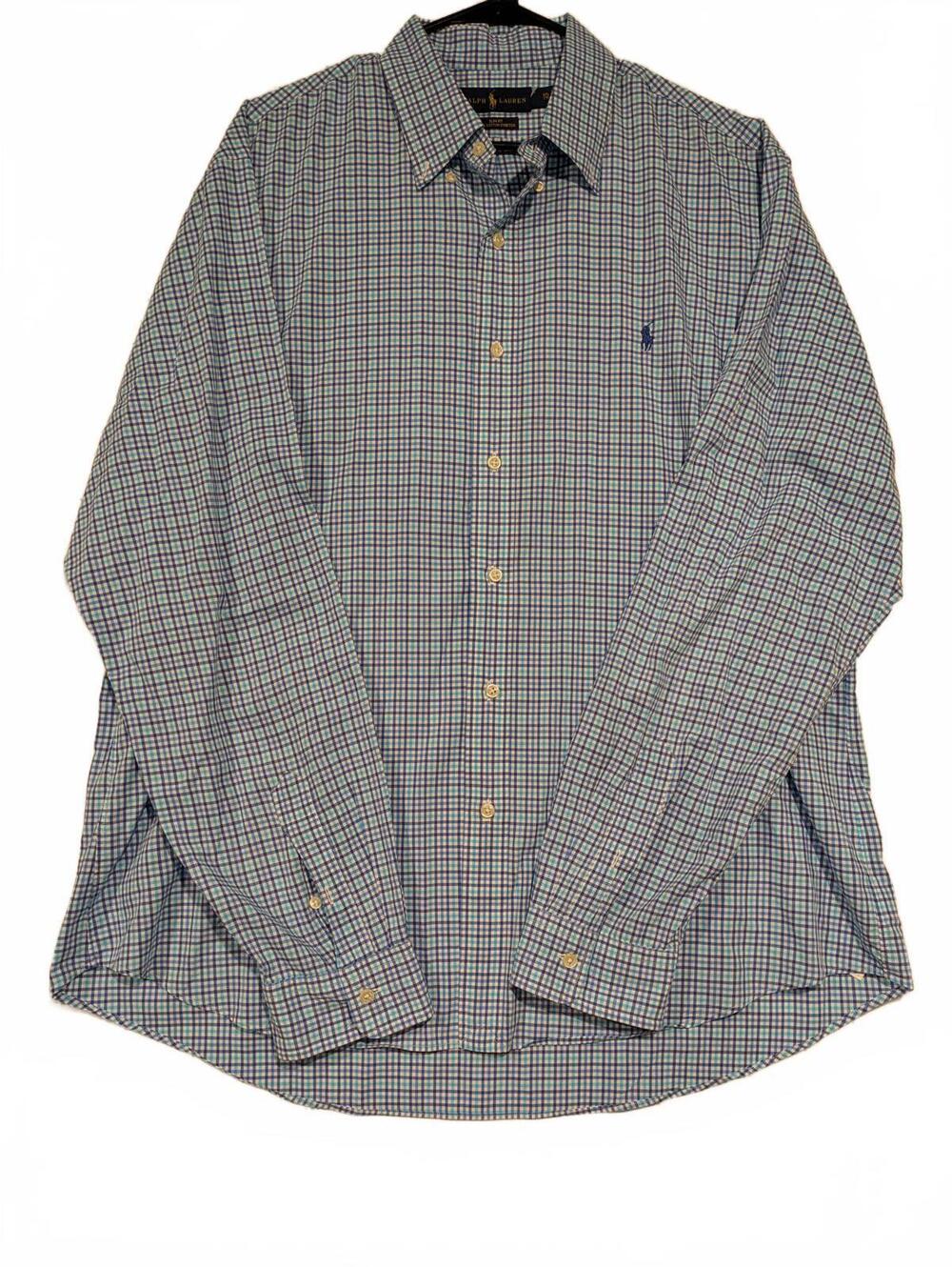 Ralph Lauren Blue Checkered Long Sleeve Shirt Slim Fit 100% Cotton Stretch XXL - Picture 1 of 9